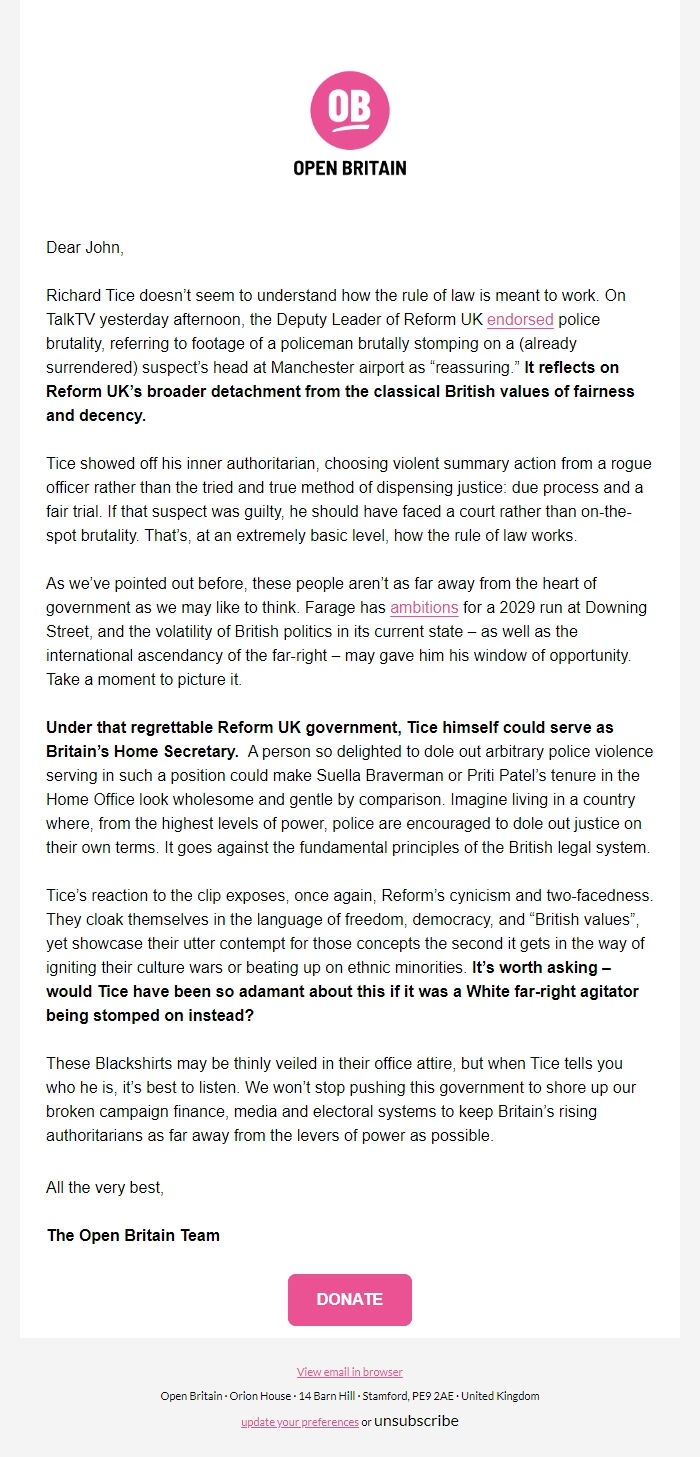 Screenshot of the email generated on import