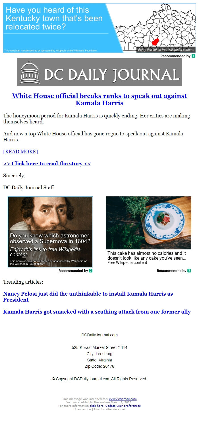 Screenshot of the email generated on import