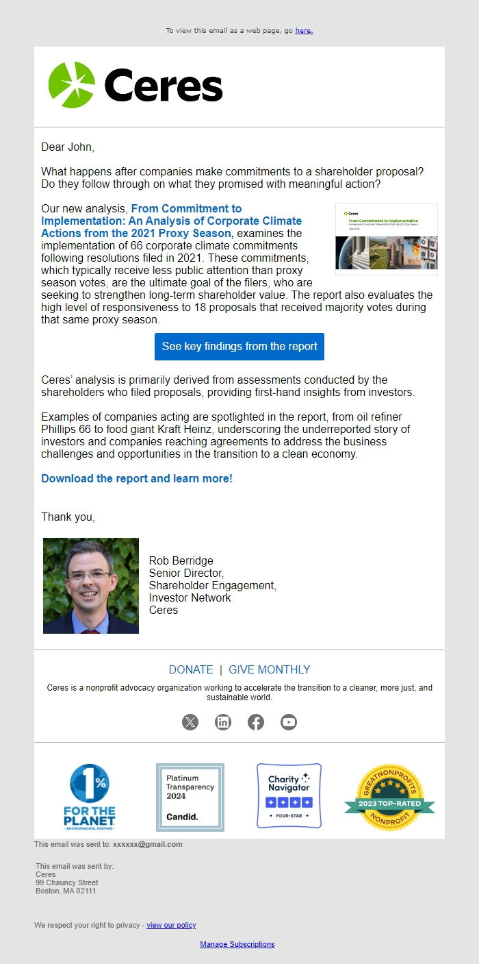 Screenshot of the email generated on import