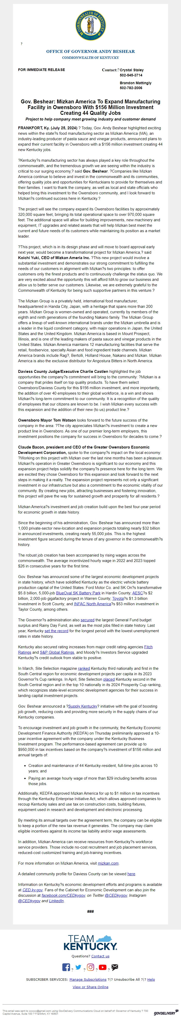 Screenshot of the email generated on import