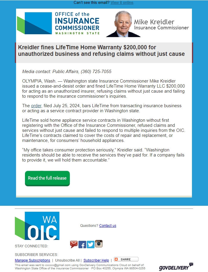 Screenshot of the email generated on import
