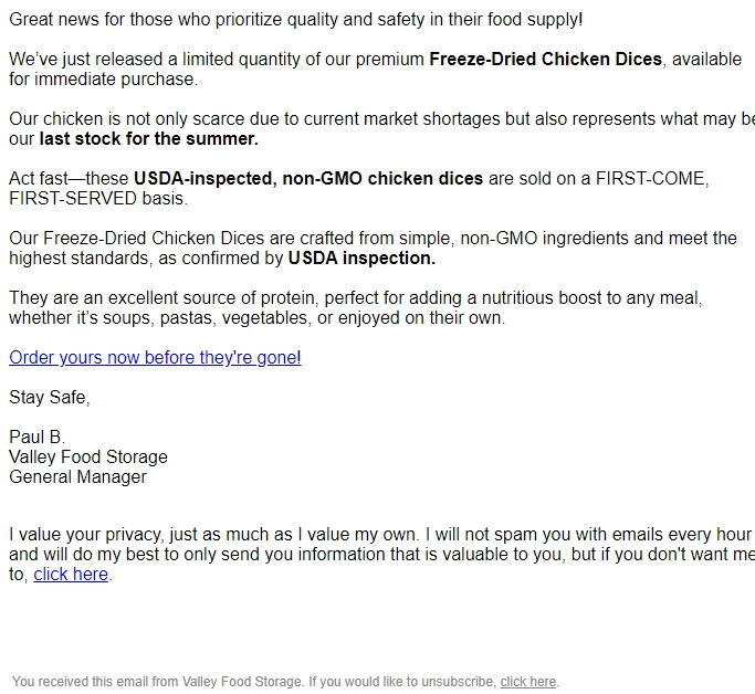 Screenshot of the email generated on import