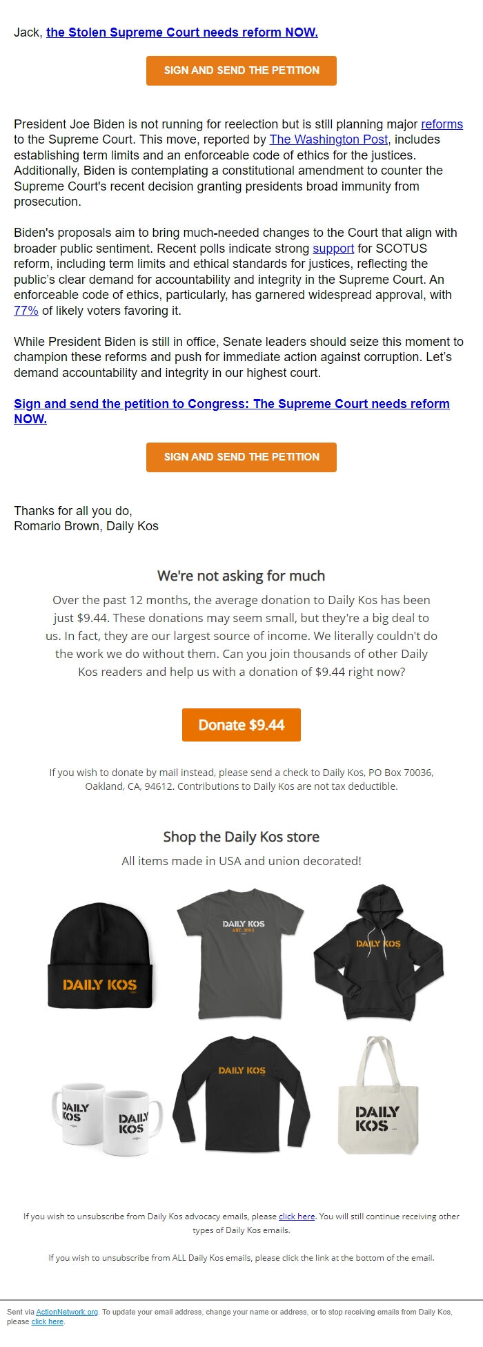 Screenshot of the email generated on import