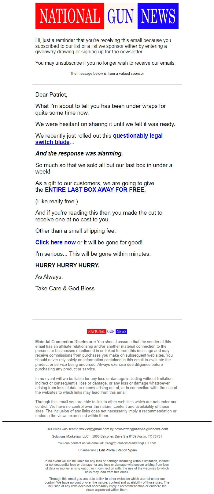 Screenshot of the email generated on import