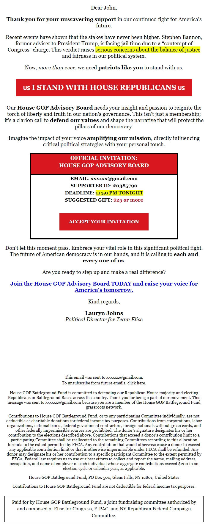 Screenshot of the email generated on import