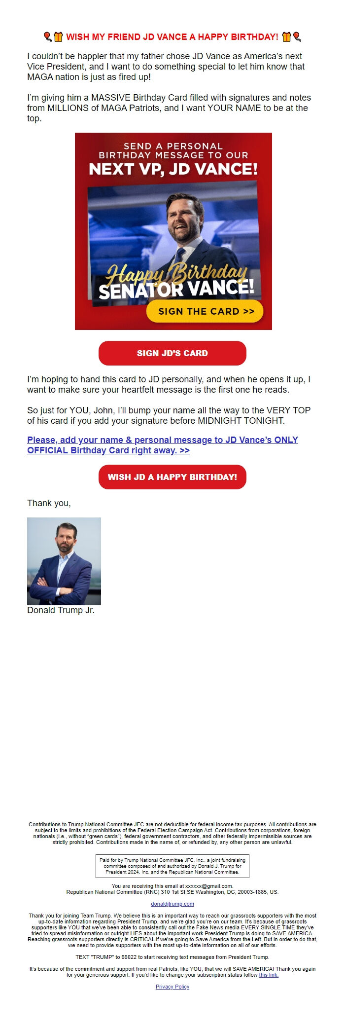 Screenshot of the email generated on import
