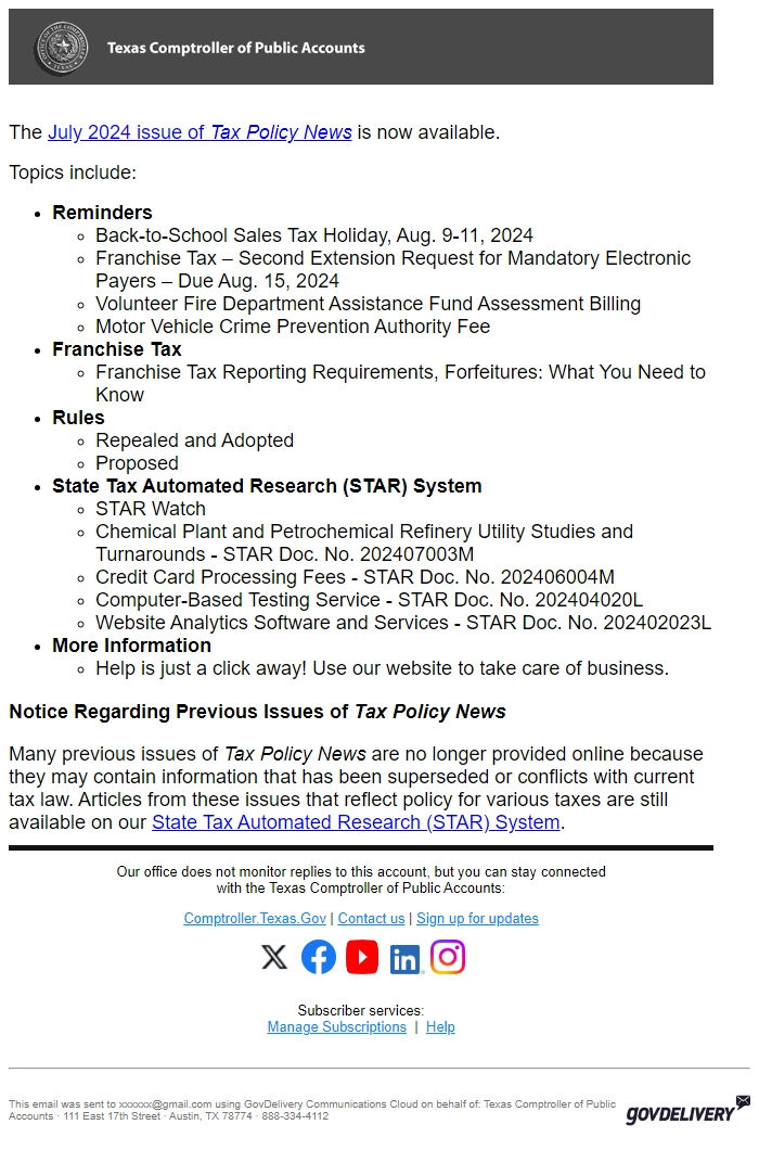 Screenshot of the email generated on import