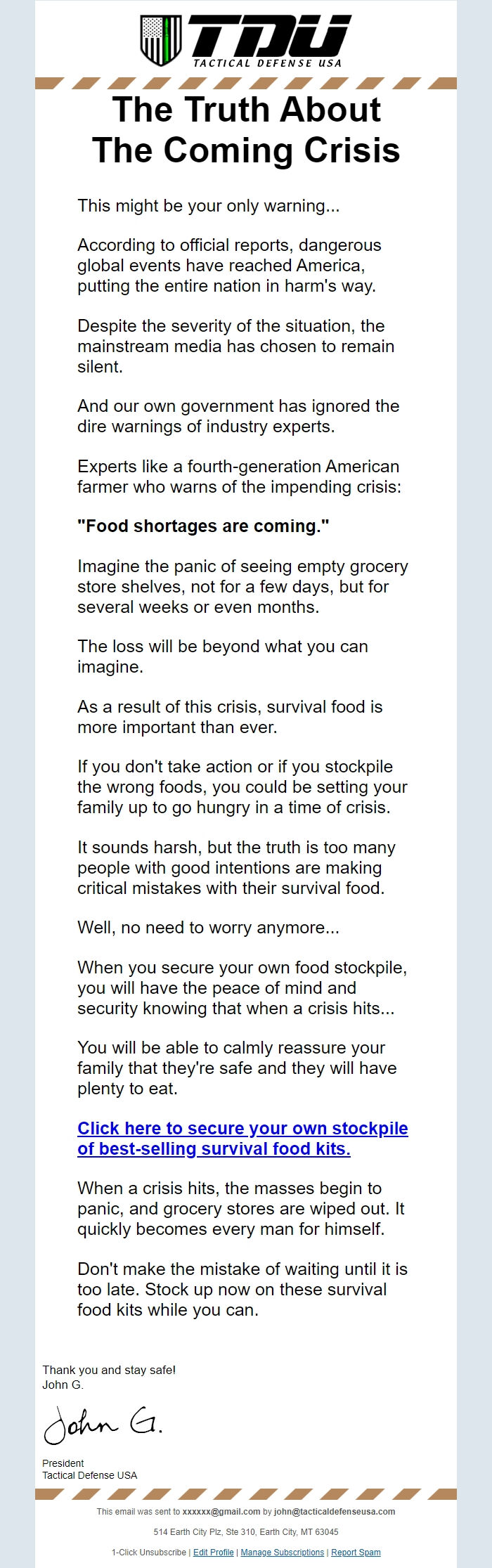 Screenshot of the email generated on import