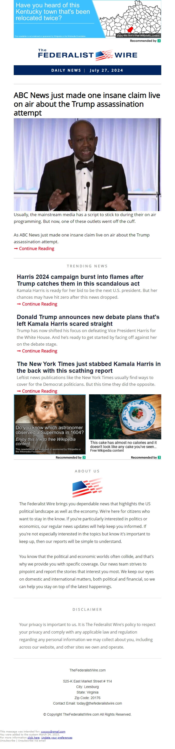 Screenshot of the email generated on import