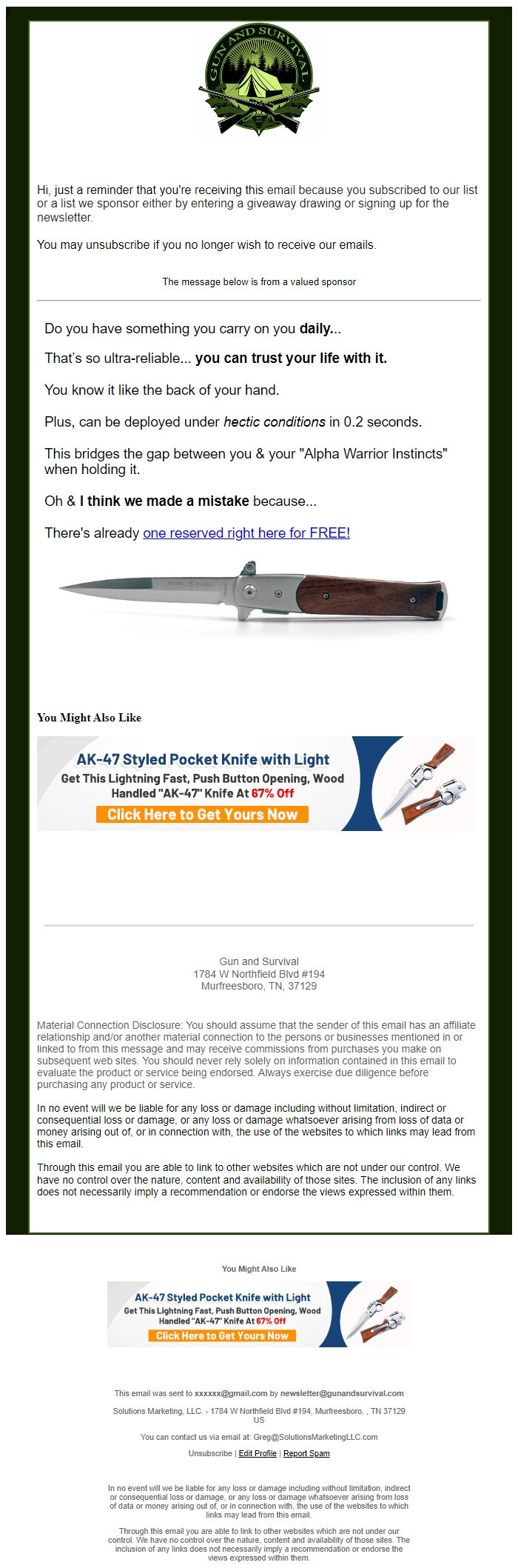 Screenshot of the email generated on import
