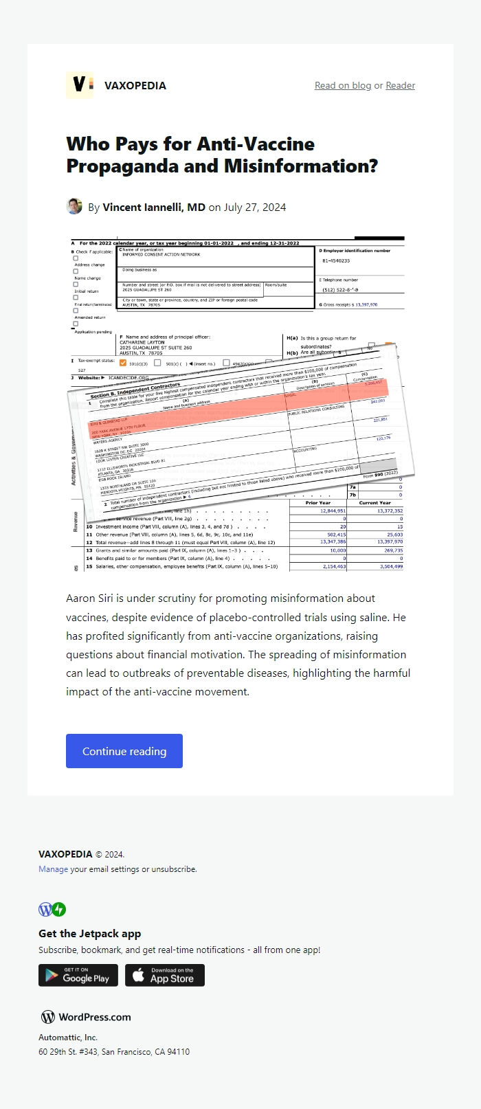 Screenshot of the email generated on import