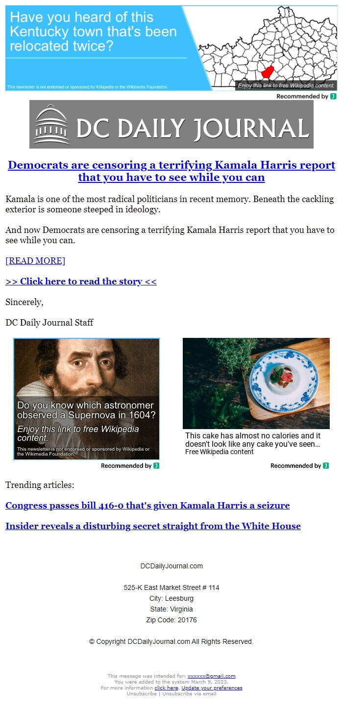 Screenshot of the email generated on import