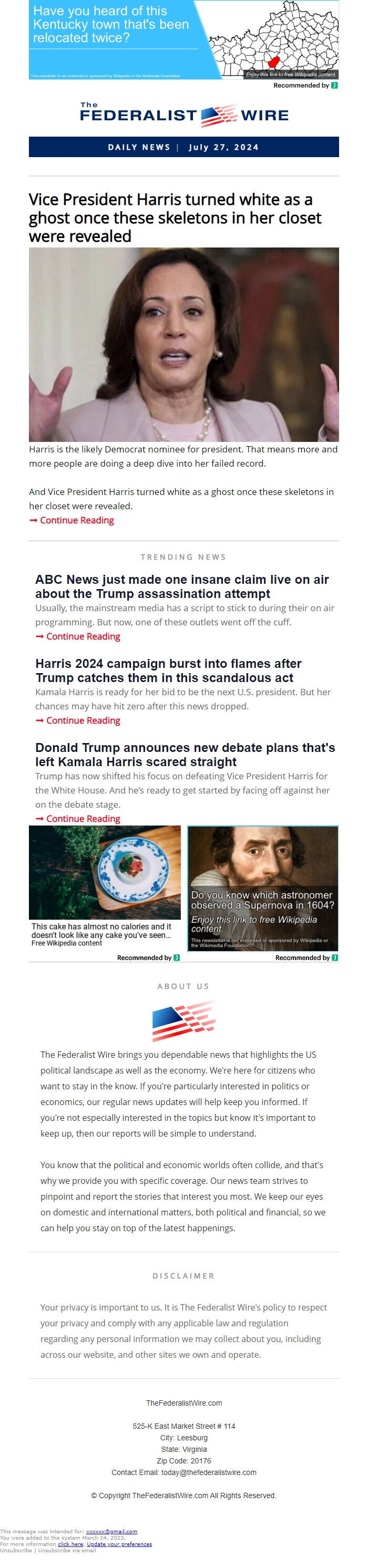 Screenshot of the email generated on import