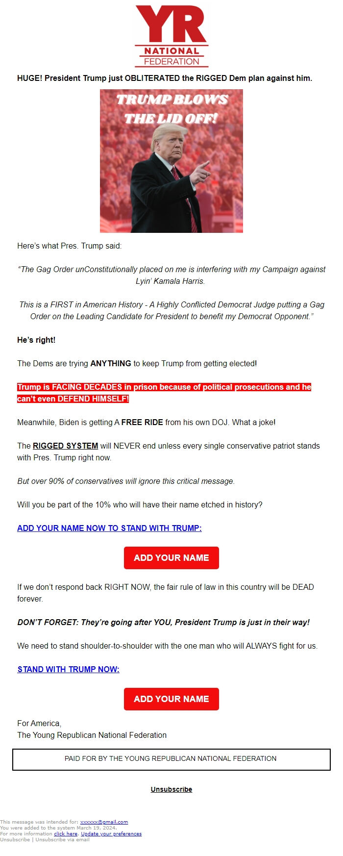 Screenshot of the email generated on import