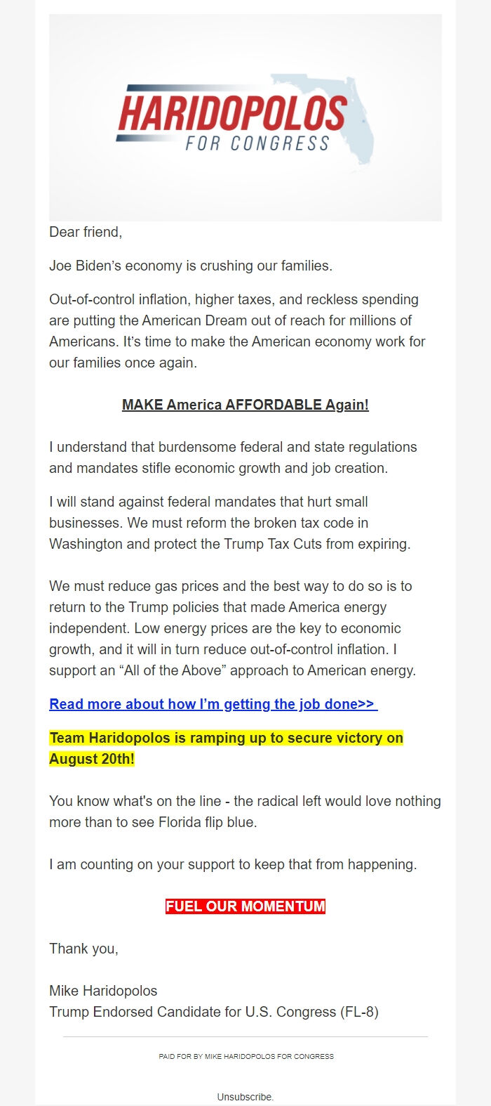 Screenshot of the email generated on import