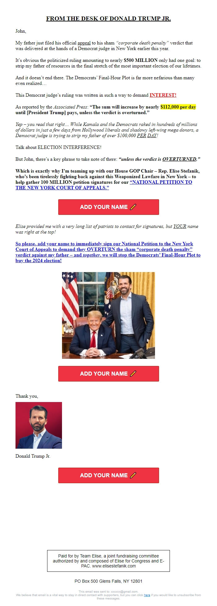 Screenshot of the email generated on import