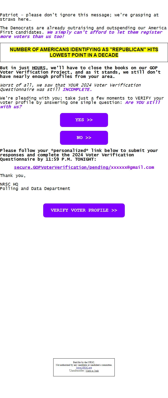 Screenshot of the email generated on import