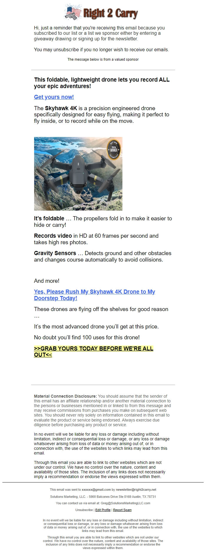 Screenshot of the email generated on import