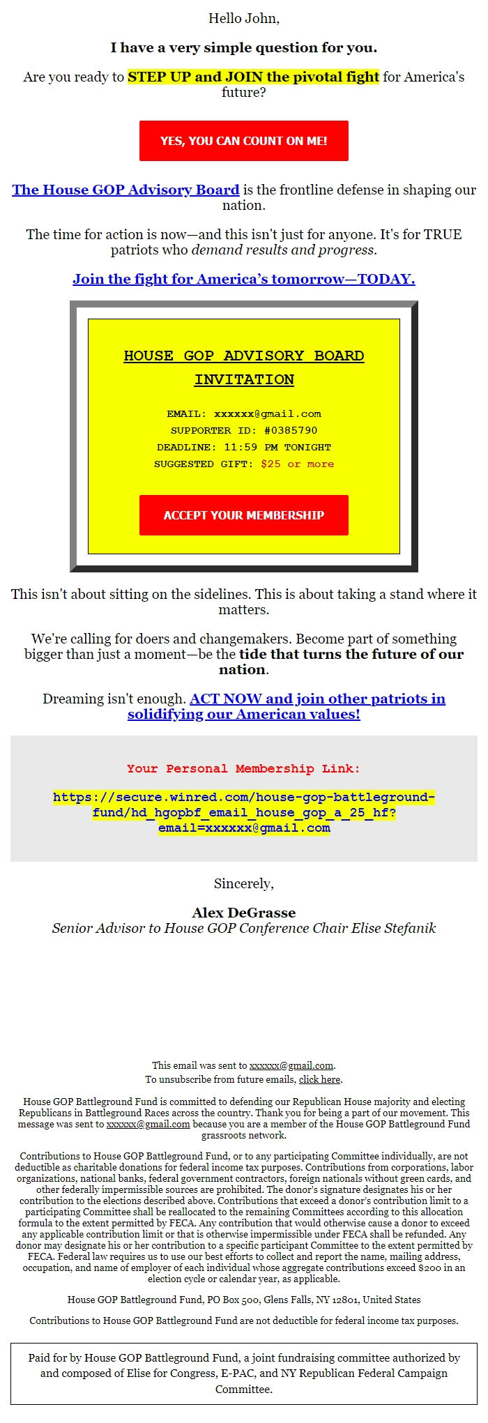 Screenshot of the email generated on import