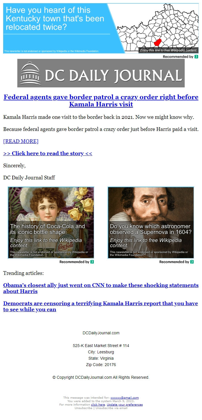 Screenshot of the email generated on import