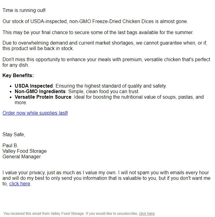 Screenshot of the email generated on import