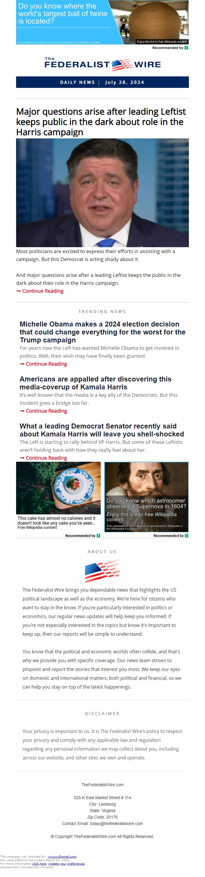 Screenshot of the email generated on import
