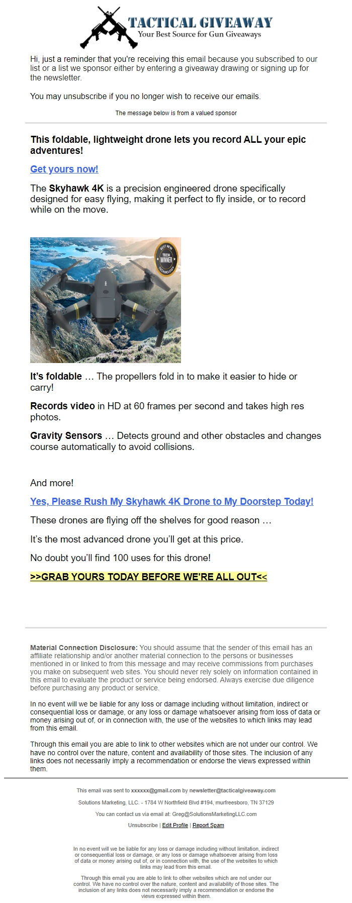 Screenshot of the email generated on import