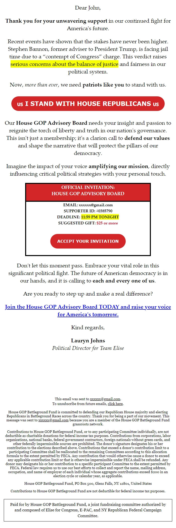 Screenshot of the email generated on import