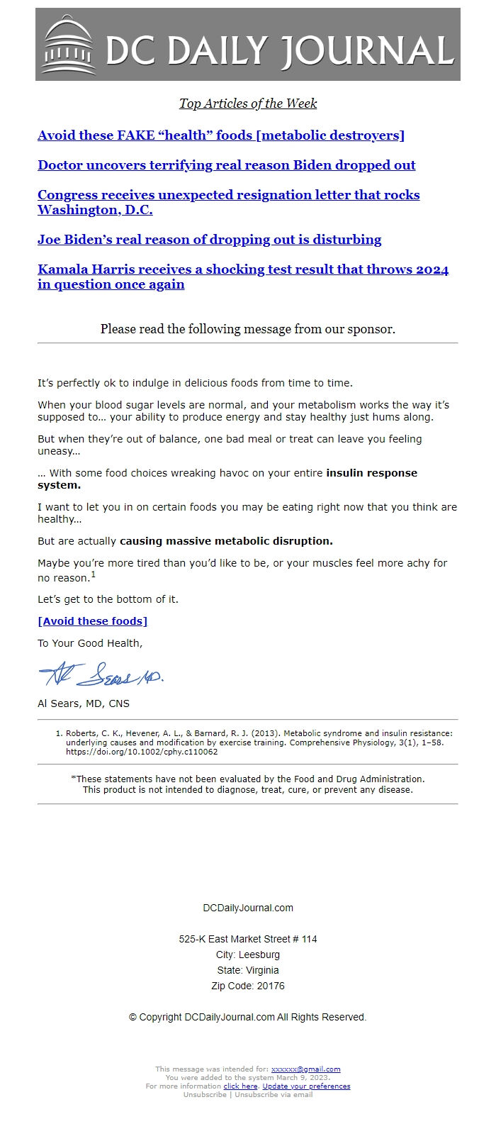 Screenshot of the email generated on import