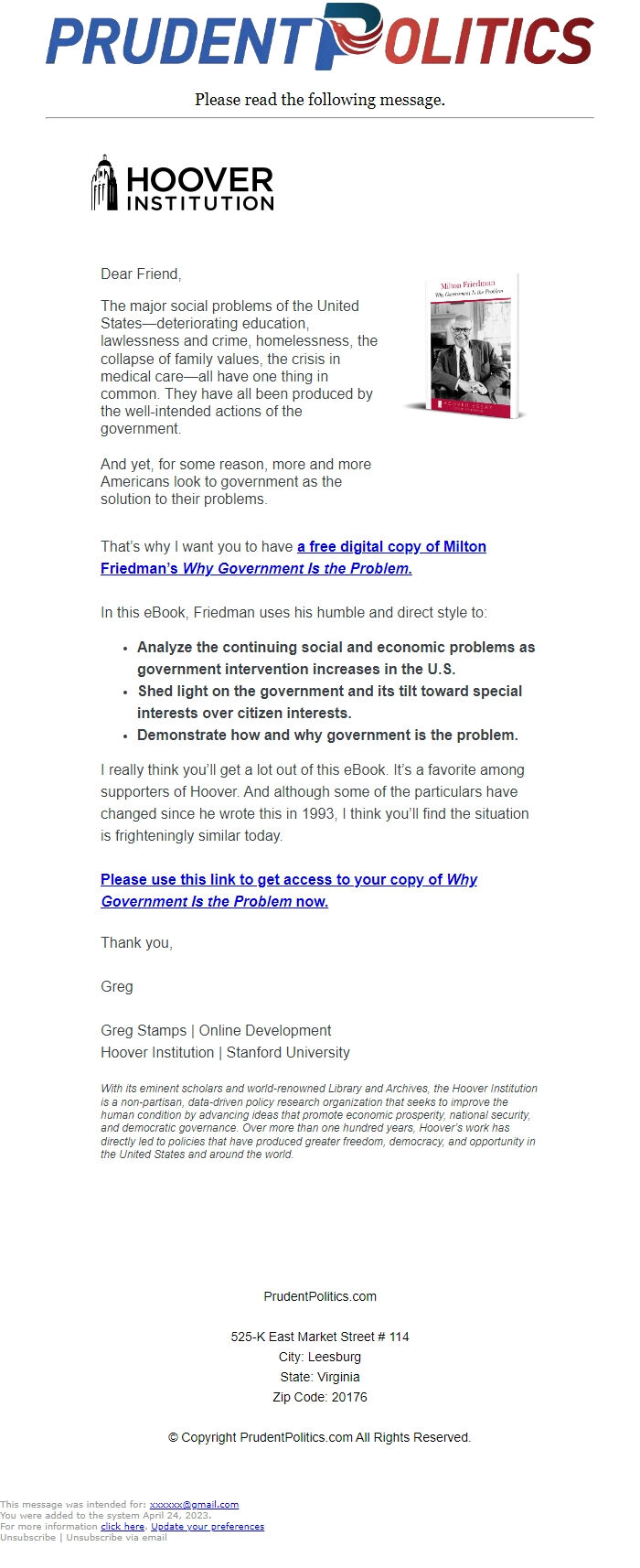 Screenshot of the email generated on import