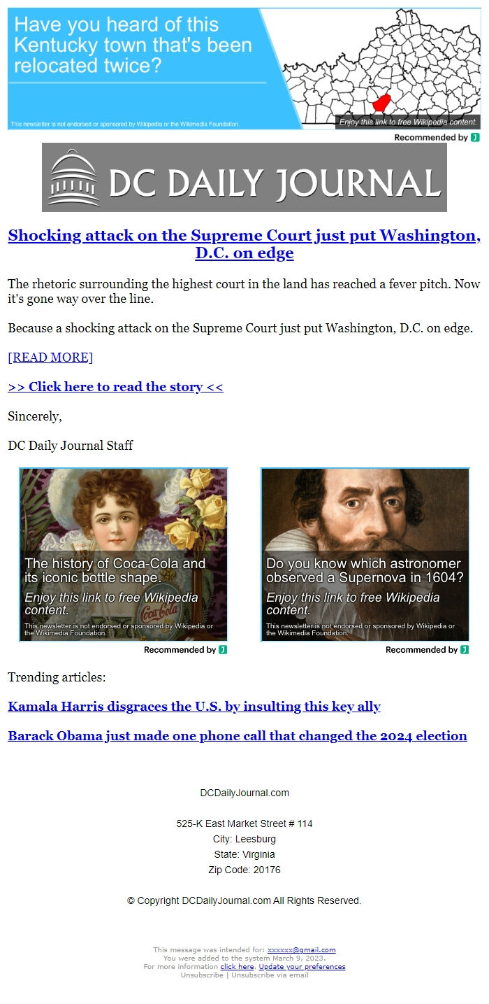 Screenshot of the email generated on import