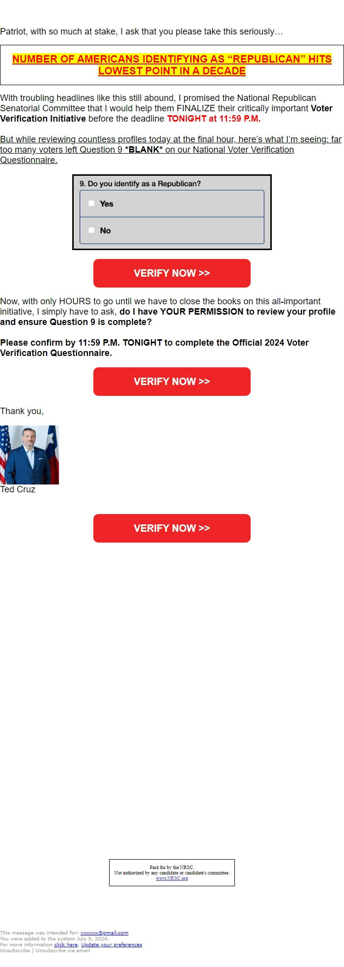 Screenshot of the email generated on import