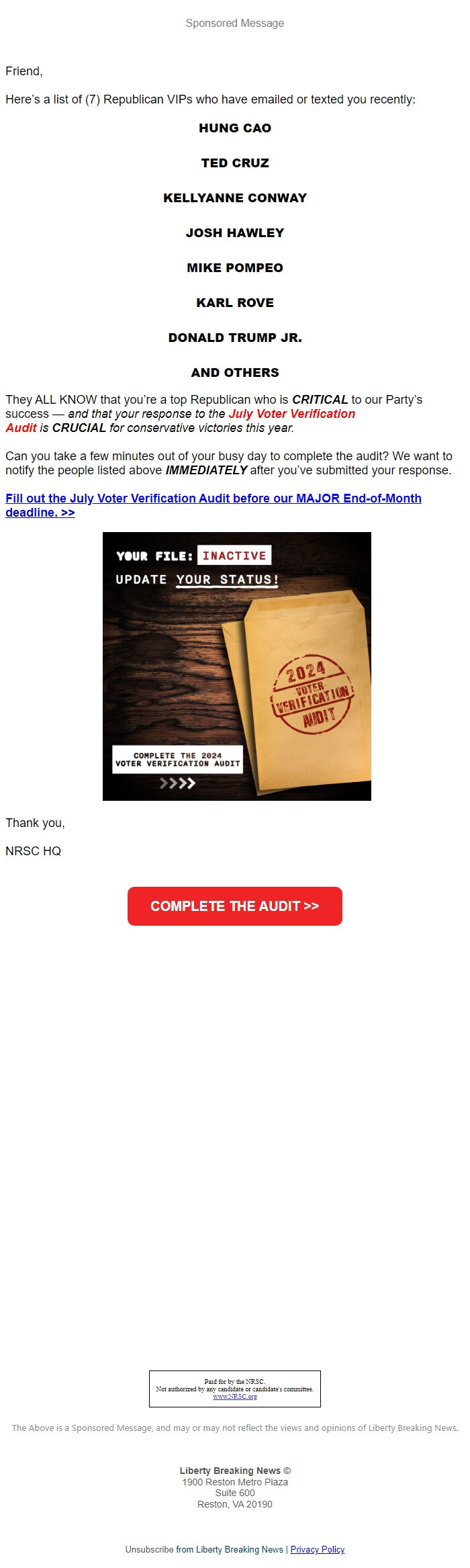 Screenshot of the email generated on import
