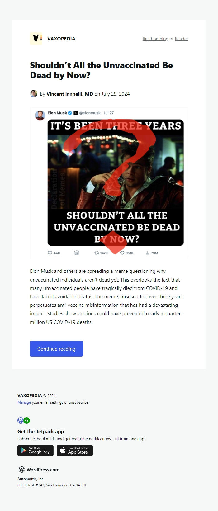 Screenshot of the email generated on import