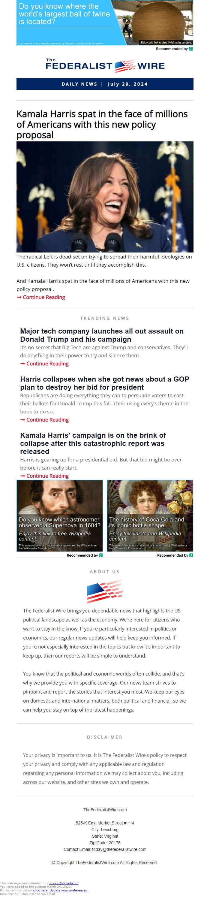 Screenshot of the email generated on import