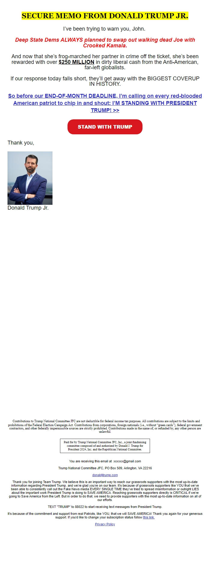 Screenshot of the email generated on import