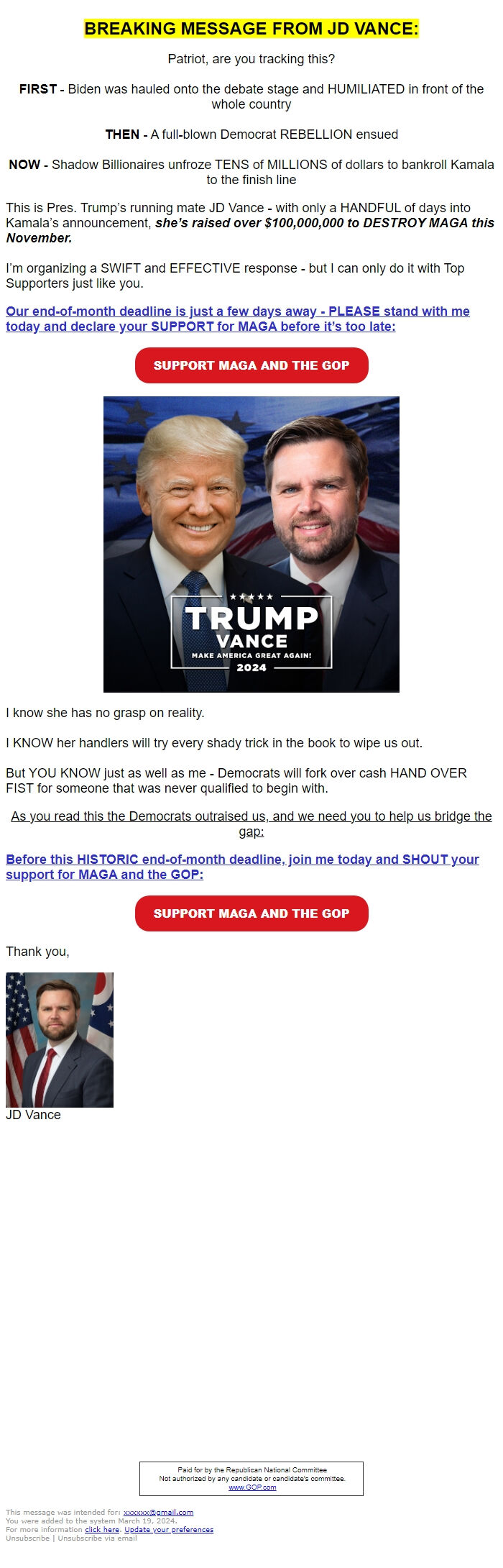 Screenshot of the email generated on import