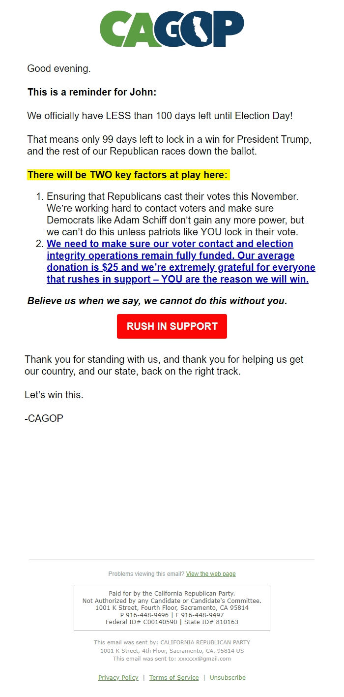 Screenshot of the email generated on import