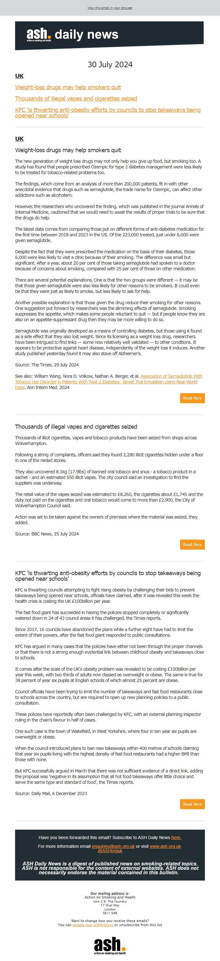 Screenshot of the email generated on import