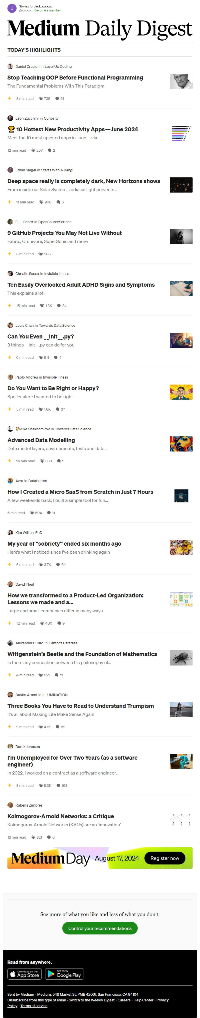 Screenshot of the email generated on import