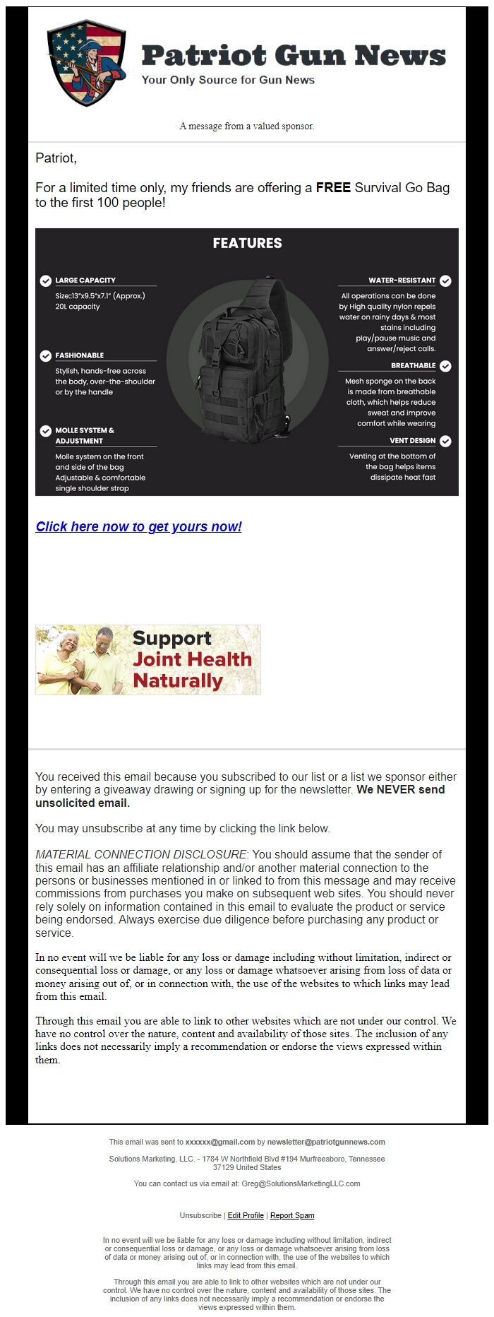 Screenshot of the email generated on import