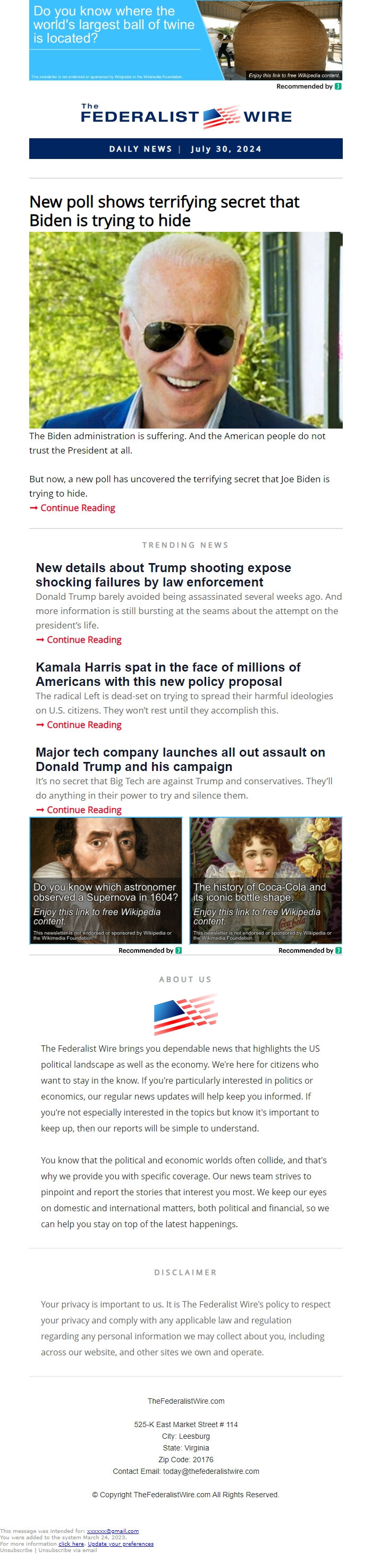 Screenshot of the email generated on import