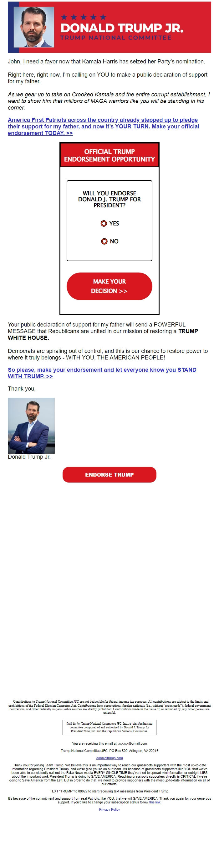 Screenshot of the email generated on import