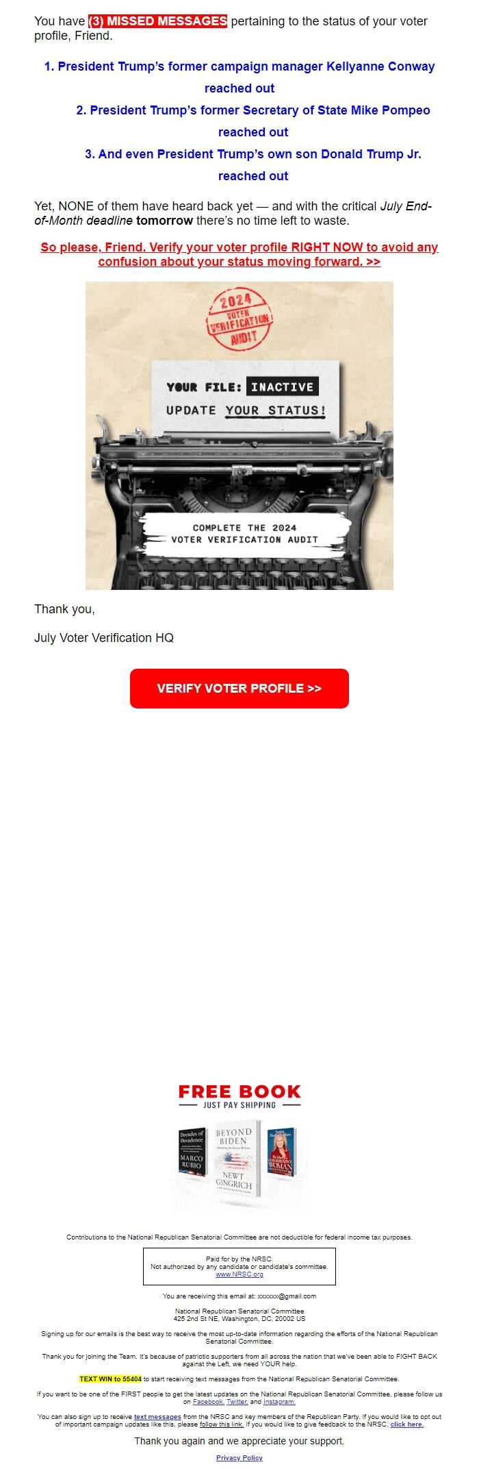 Screenshot of the email generated on import