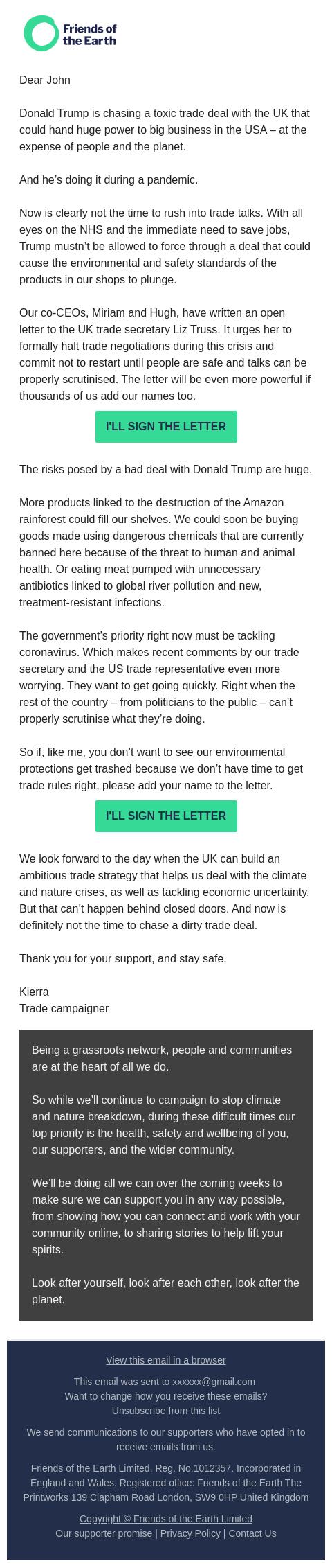 Screenshot of the email generated on import
