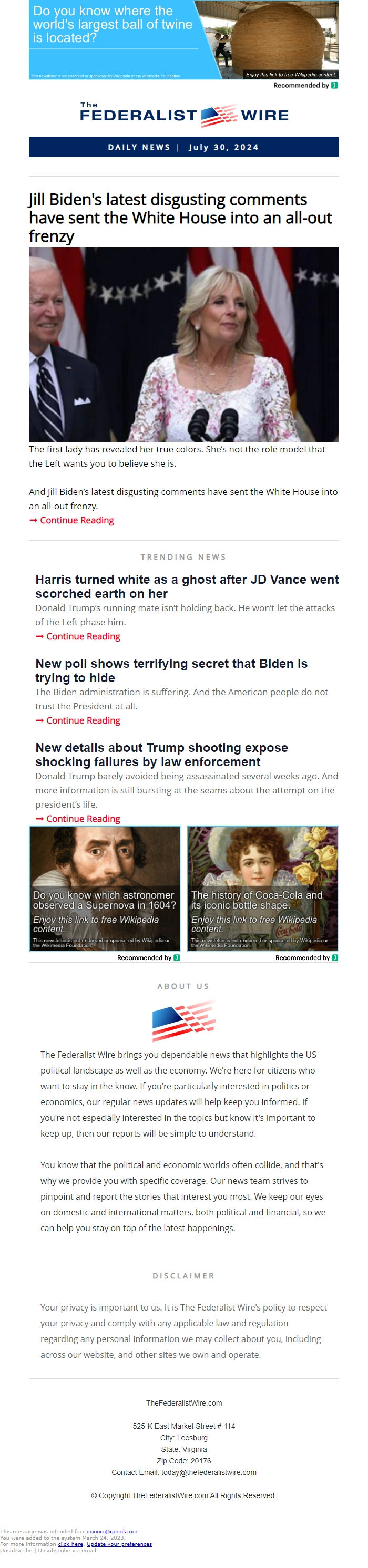 Screenshot of the email generated on import