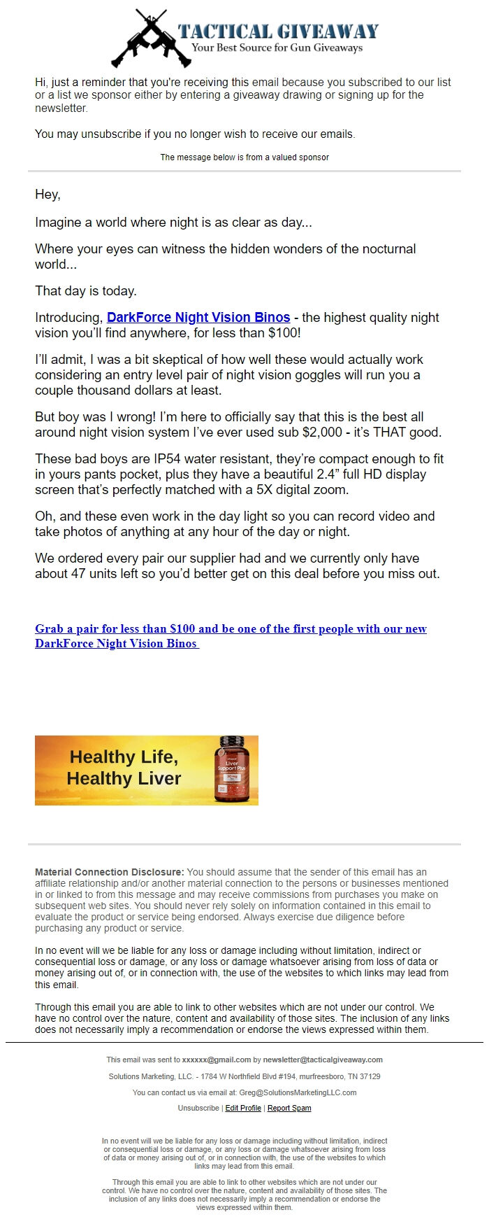 Screenshot of the email generated on import