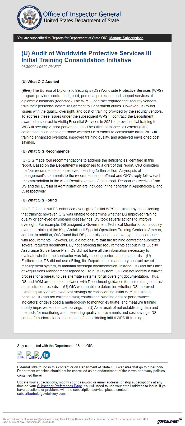 Screenshot of the email generated on import