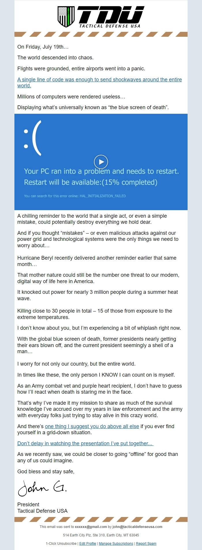 Screenshot of the email generated on import