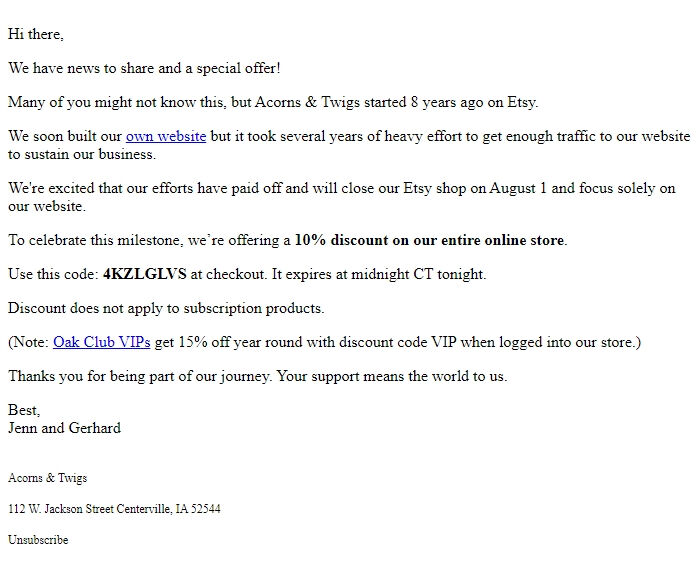 Screenshot of the email generated on import